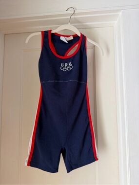 Navy Blue USA Olympic One-Piece Athletic Suit with Red Trim